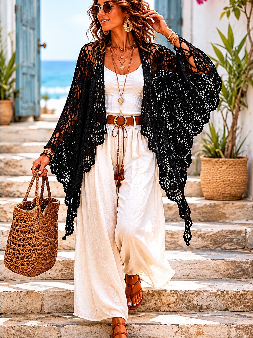 Coastal Boho Crochet Lace Kimono Cardigan Black Festival Resort Layer OS